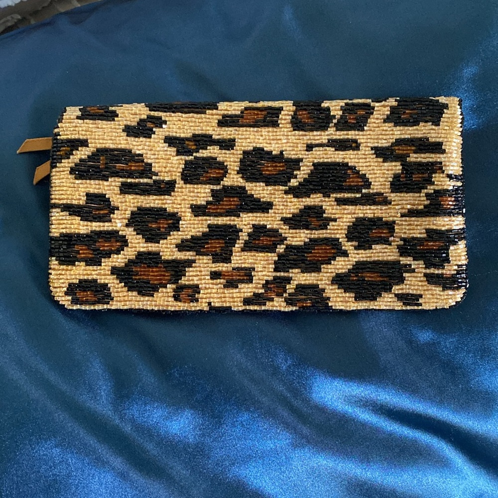 Neiman Marcus beaded leopard print clutch